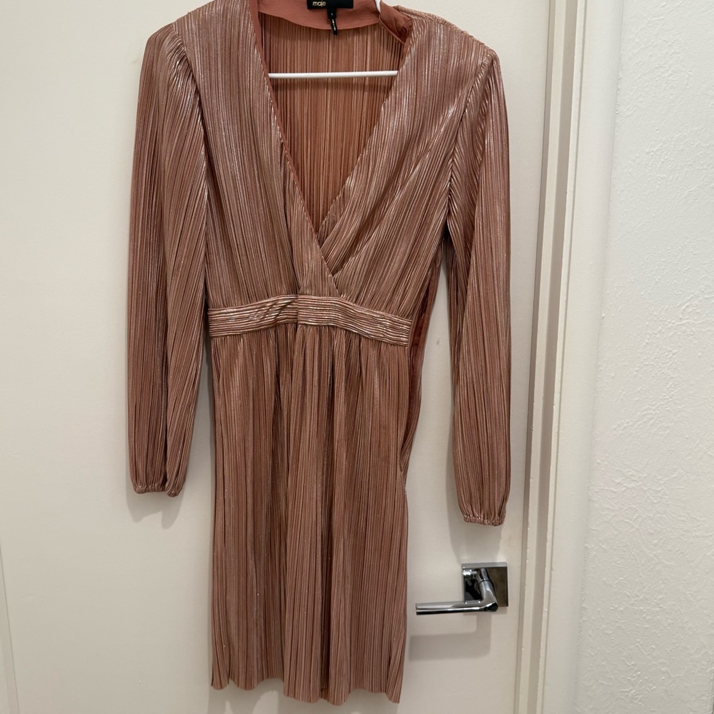 Maje Pink Pleated Wrap Dress with Bishop Sleeves